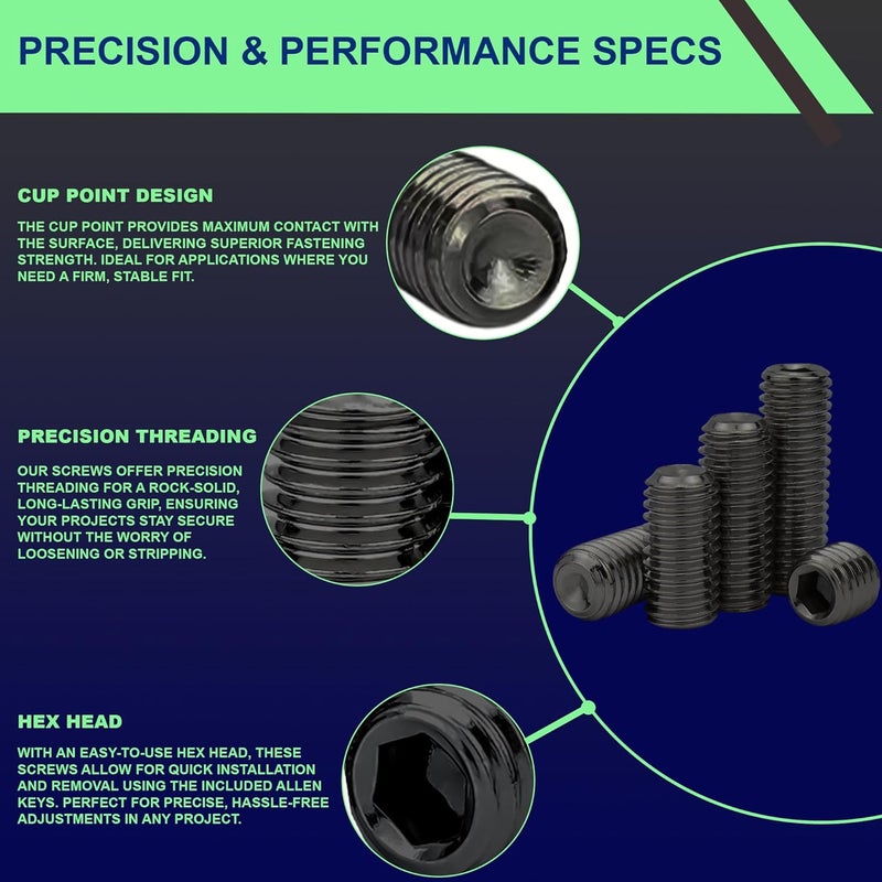 FIXXELY Set Screws Assortment Kit (M3, M4, M5, M6, M8) with Allen Keys – Black Durable 60 Pcs Metric Cup Point Alloy Steel for Bathroom Fixtures, Door Knobs, Faucets, Plumbing, and More - Image 5