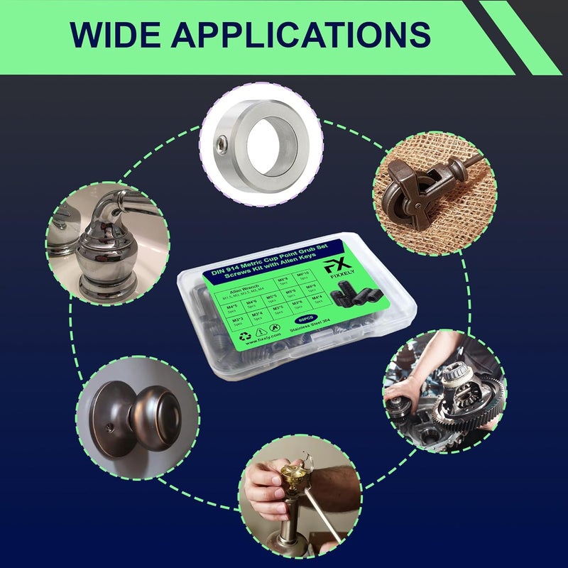 FIXXELY Set Screws Assortment Kit (M3, M4, M5, M6, M8) with Allen Keys – Black Durable 60 Pcs Metric Cup Point Alloy Steel for Bathroom Fixtures, Door Knobs, Faucets, Plumbing, and More - Image 2