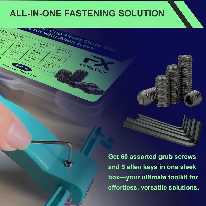 FIXXELY Set Screws Assortment Kit (M3, M4, M5, M6, M8) with Allen Keys – Black Durable 60 Pcs Metric Cup Point Alloy Steel for Bathroom Fixtures, Door Knobs, Faucets, Plumbing, and More - Image 3