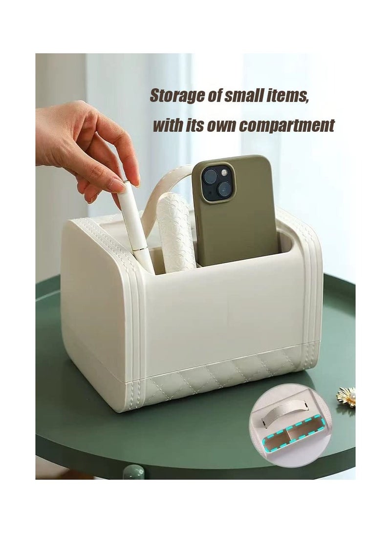 KASTWAVE Square Tissue Box Holder PU Leather Cute Handbag Tissue Box Cover Tissue and Remote Control Holder with 2 Compartment Storage Box Stylish Napkin Box Desktop Decorative White  - Image 2