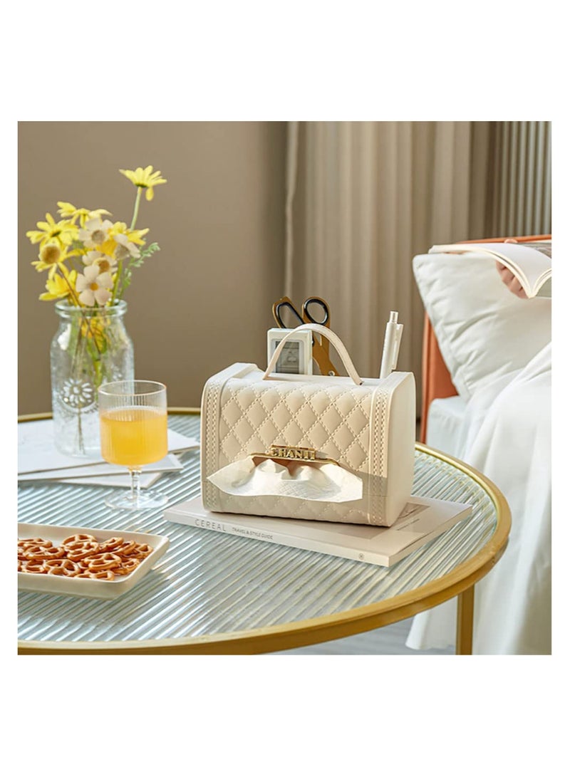 KASTWAVE Square Tissue Box Holder PU Leather Cute Handbag Tissue Box Cover Tissue and Remote Control Holder with 2 Compartment Storage Box Stylish Napkin Box Desktop Decorative White  - Image 3
