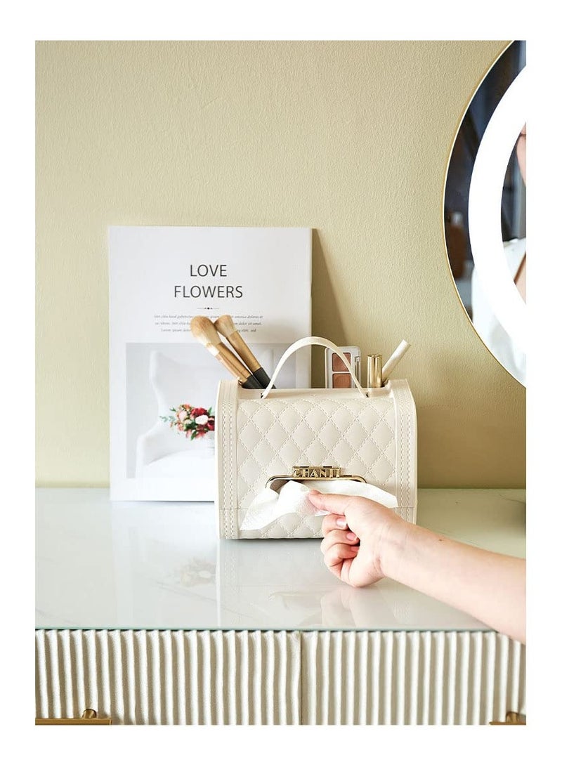 KASTWAVE Square Tissue Box Holder PU Leather Cute Handbag Tissue Box Cover Tissue and Remote Control Holder with 2 Compartment Storage Box Stylish Napkin Box Desktop Decorative White  - Image 5