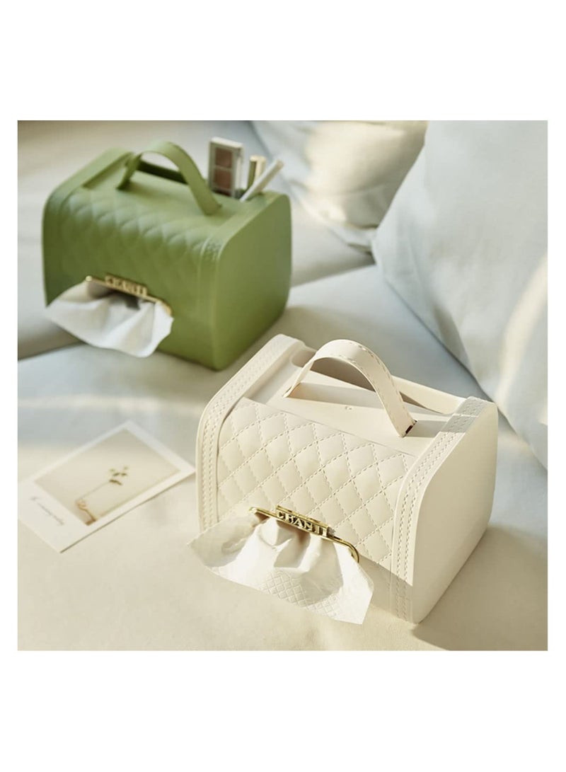 KASTWAVE Square Tissue Box Holder PU Leather Cute Handbag Tissue Box Cover Tissue and Remote Control Holder with 2 Compartment Storage Box Stylish Napkin Box Desktop Decorative White  - Image 4