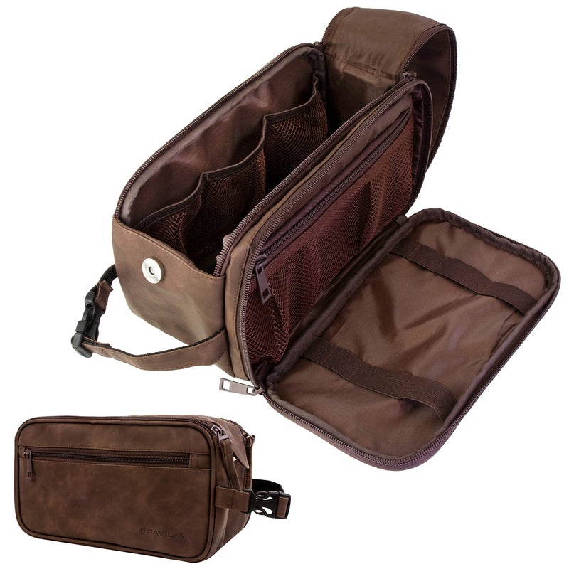 PAVILIA PAVILIA Toiletry Bag for Men, Travel Essentials Shaving Dopp Kit, Mens Travel Bag Toiletries Organizer Case for Grooming, PU Leather Water Resistant Cosmetic Bag Pouch (Dark Brown) 