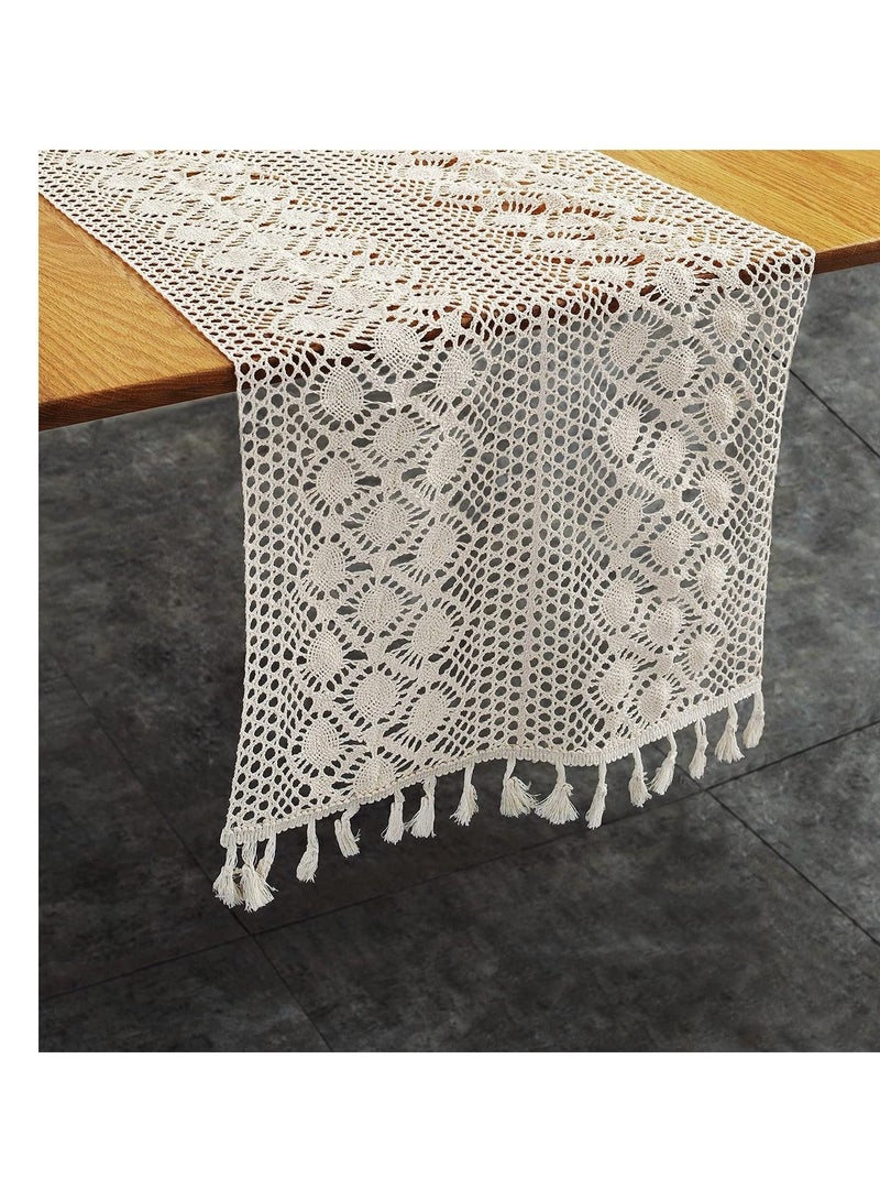 كابتن تيك Vintage Farmhouse Style Crochet Macrame Table Runners Linen with Tassels, Boho Plain Cotton Hollow Out Floral Table Runner for Wedding Dining Room Dresser Decor Light Beige - Image 1