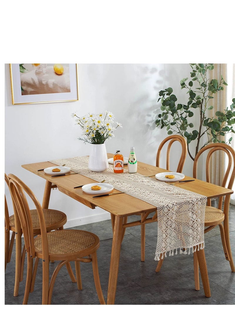 كابتن تيك Vintage Farmhouse Style Crochet Macrame Table Runners Linen with Tassels, Boho Plain Cotton Hollow Out Floral Table Runner for Wedding Dining Room Dresser Decor Light Beige - Image 2