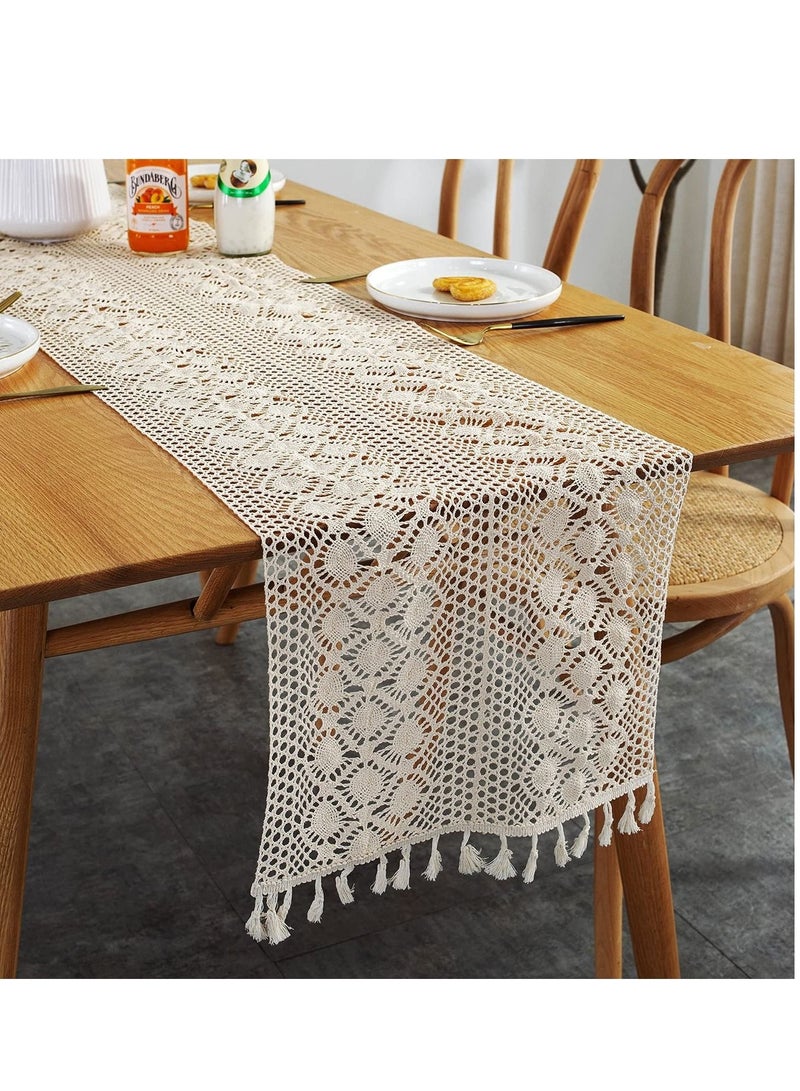 كابتن تيك Vintage Farmhouse Style Crochet Macrame Table Runners Linen with Tassels, Boho Plain Cotton Hollow Out Floral Table Runner for Wedding Dining Room Dresser Decor Light Beige - Image 3