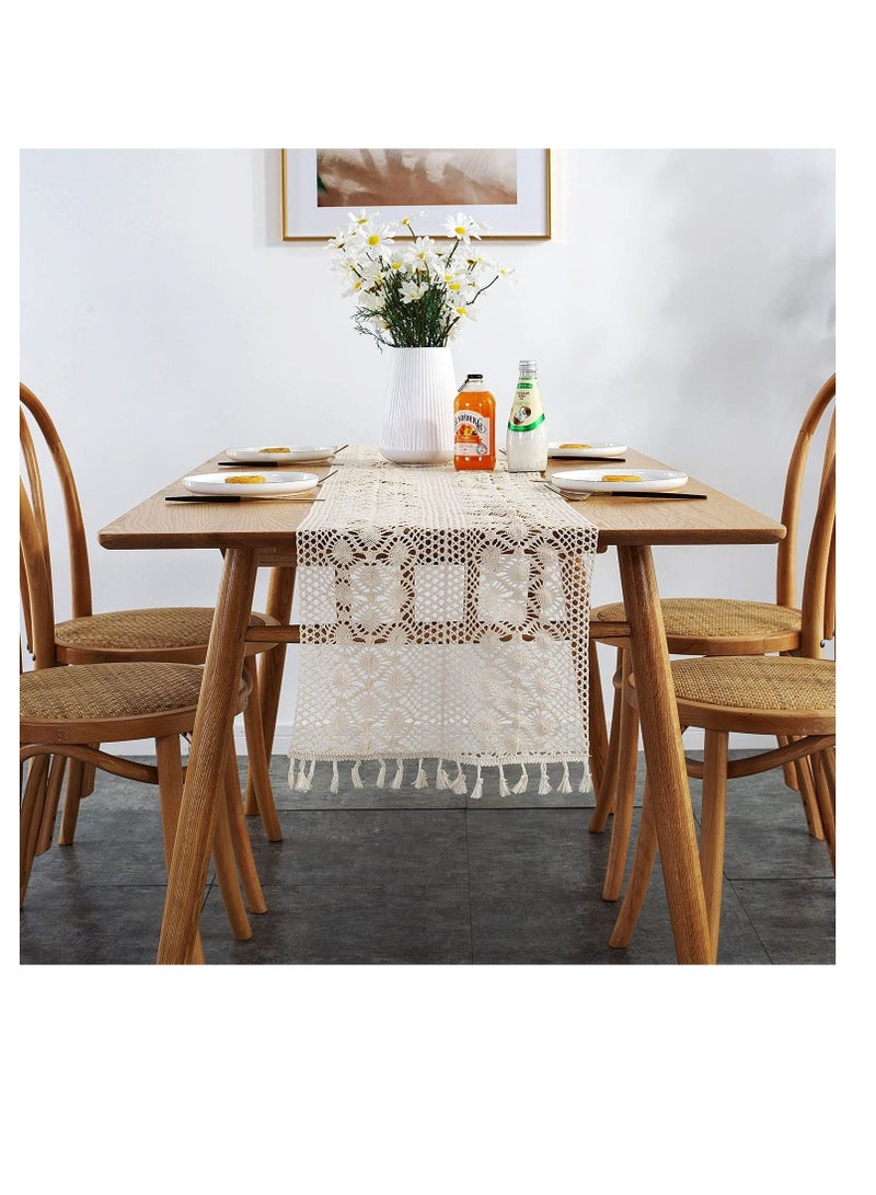 كابتن تيك Vintage Farmhouse Style Crochet Macrame Table Runners Linen with Tassels, Boho Plain Cotton Hollow Out Floral Table Runner for Wedding Dining Room Dresser Decor Light Beige - Image 4