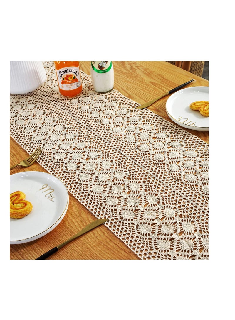 كابتن تيك Vintage Farmhouse Style Crochet Macrame Table Runners Linen with Tassels, Boho Plain Cotton Hollow Out Floral Table Runner for Wedding Dining Room Dresser Decor Light Beige - Image 5
