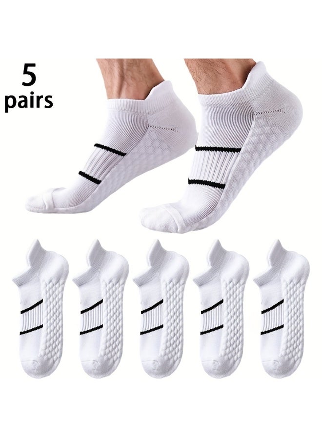 5 Pairs Men’s White Striped Sports Ankle Socks, Breathable Cushioned Anti-Blister Short Boat Socks, Contrast Stripe Athletic Socks for Daily Running Gym Casual Wear - Image 1