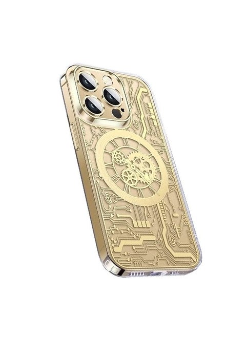 Magnetic Bronzing Clear Case for iPhone 14 Pro Max with Camera Lens Protector Full Protection Polypropylene Case Compatible with Elegant Anti-Scratch Case Cover 6.7 Inch Punk Machinery Gold