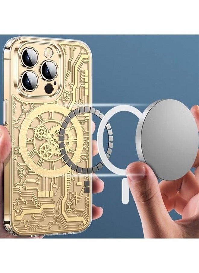 Generic - Magnetic Bronzing Clear Case for iPhone 14 Pro Max with Camera Lens Protector Full Protection Polypropylene Case Compatible with Elegant Anti-Scratch Case Cover 6.7 Inch Punk Machinery Gold - Image 1