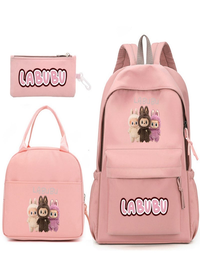 Labubu Children Backpack Schoolbag Teen Student School Book bag with Lunch Box Pen Case 3 in 1 for Kids