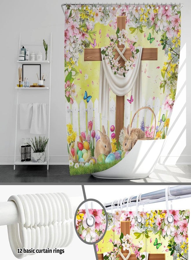 Mocsicka Spring Easter Shower Curtain Wishes He is Risen Bathroom Curtain The Cross Spring Floral Bunny Polyester Fabric Shower Curtain Set 72x72 Inch with 12 Hooks - Image 4