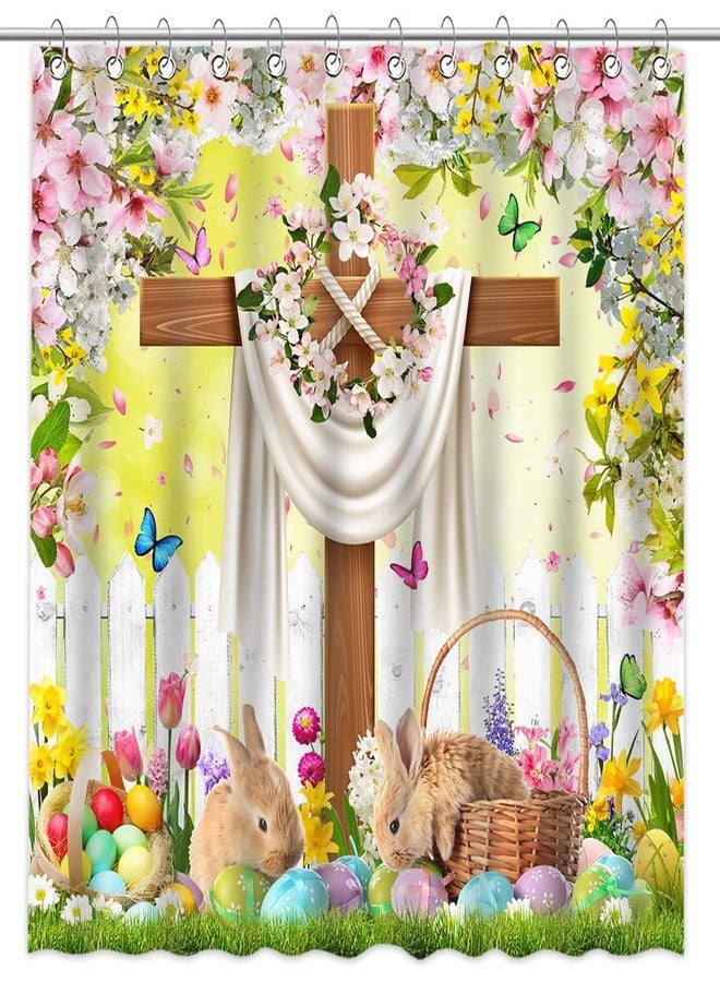 Mocsicka Spring Easter Shower Curtain Wishes He is Risen Bathroom Curtain The Cross Spring Floral Bunny Polyester Fabric Shower Curtain Set 72x72 Inch with 12 Hooks - Image 1