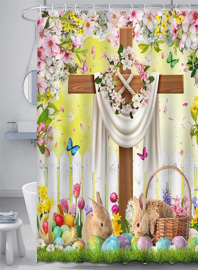 Mocsicka Spring Easter Shower Curtain Wishes He is Risen Bathroom Curtain The Cross Spring Floral Bunny Polyester Fabric Shower Curtain Set 72x72 Inch with 12 Hooks - Image 2