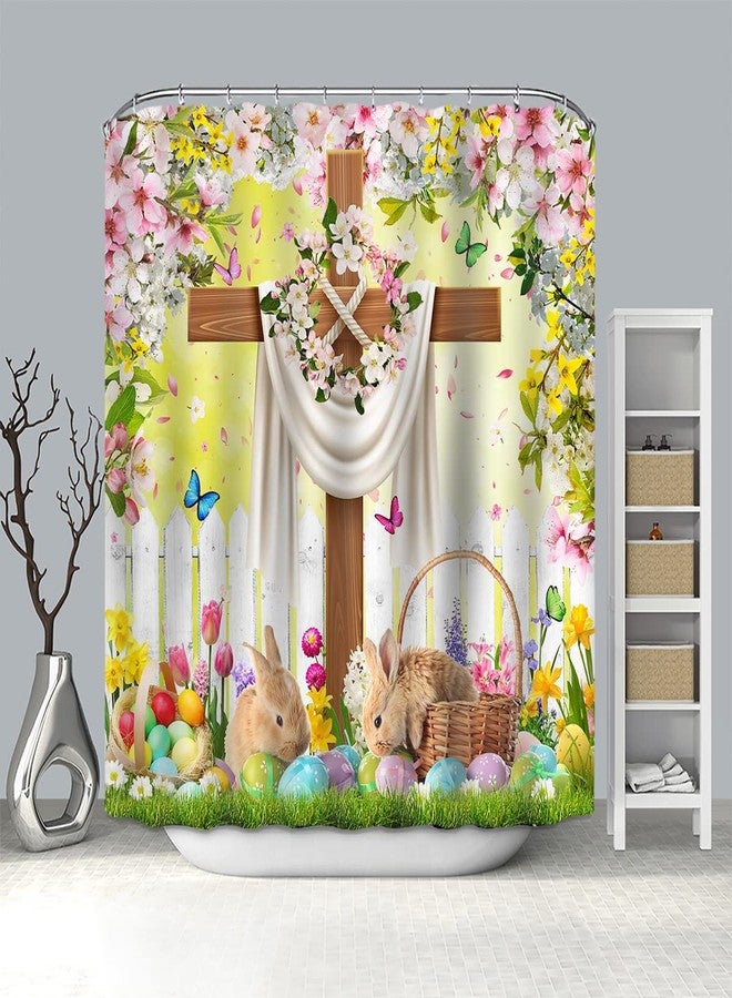 Mocsicka Spring Easter Shower Curtain Wishes He is Risen Bathroom Curtain The Cross Spring Floral Bunny Polyester Fabric Shower Curtain Set 72x72 Inch with 12 Hooks - Image 5