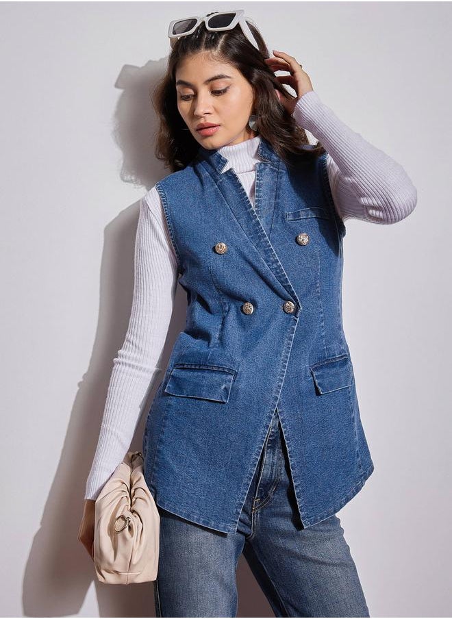 SASSAFRAS Denim Flap Pocket Sleeveless Jacket by Styli  - Image 1