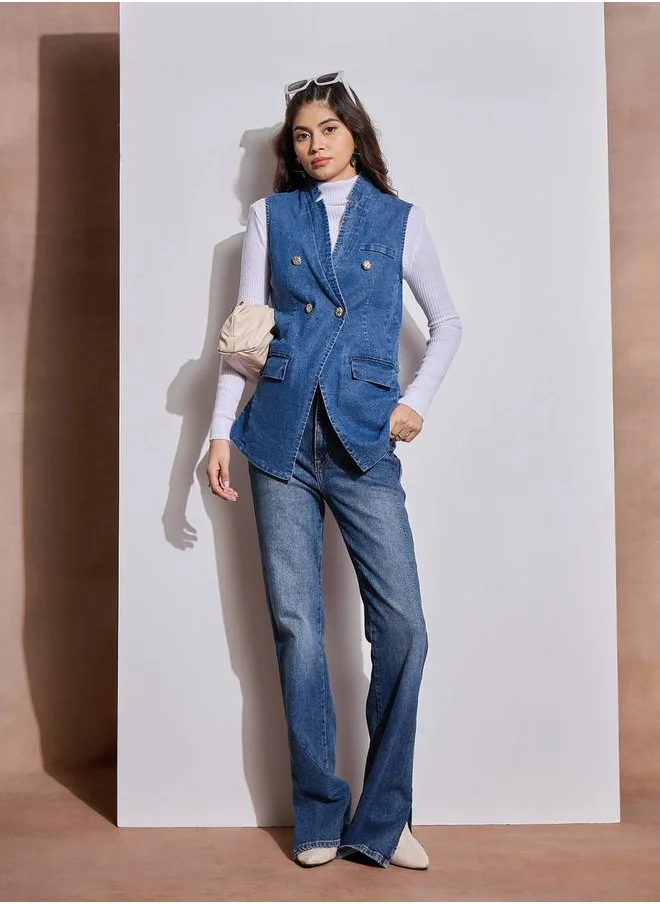 ساسافراس Denim Flap Pocket Sleeveless Jacket