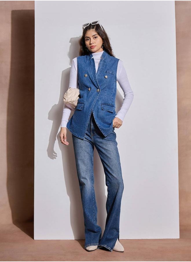 SASSAFRAS Denim Flap Pocket Sleeveless Jacket by Styli  - Image 2