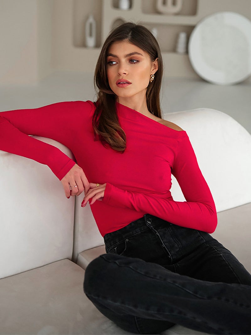 French Style Slim Fit All-Match T-Shirt 2024 New Sale Niche Irregular Collar Long Sleeve - Image 4