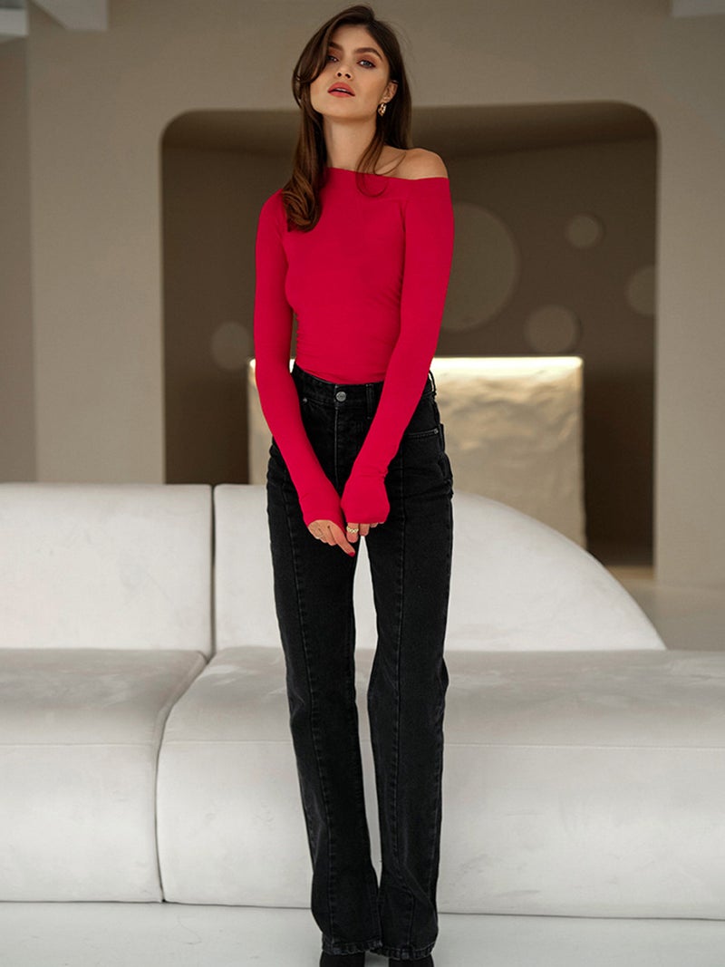 French Style Slim Fit All-Match T-Shirt 2024 New Sale Niche Irregular Collar Long Sleeve - Image 5