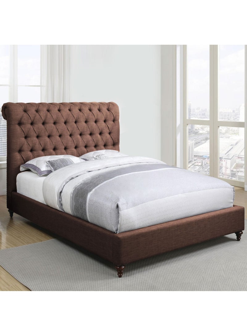 Acent Rolled Top Button Tufted Upholstered Velvet Platform Bed Modern Design Free Installation (Queen size : 160 x 190cm, Brown)