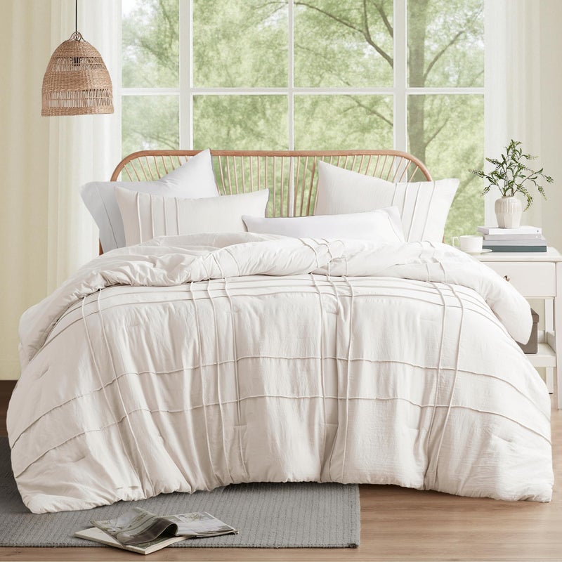 Comfort Spaces Cream King Size Comforter Set - 3 Pieces Pintuck Pleated Bedding Sets, All Season Lightweight, Extra Softness Pre-Washed Microfiber King Bed Set, Shams - Image 1