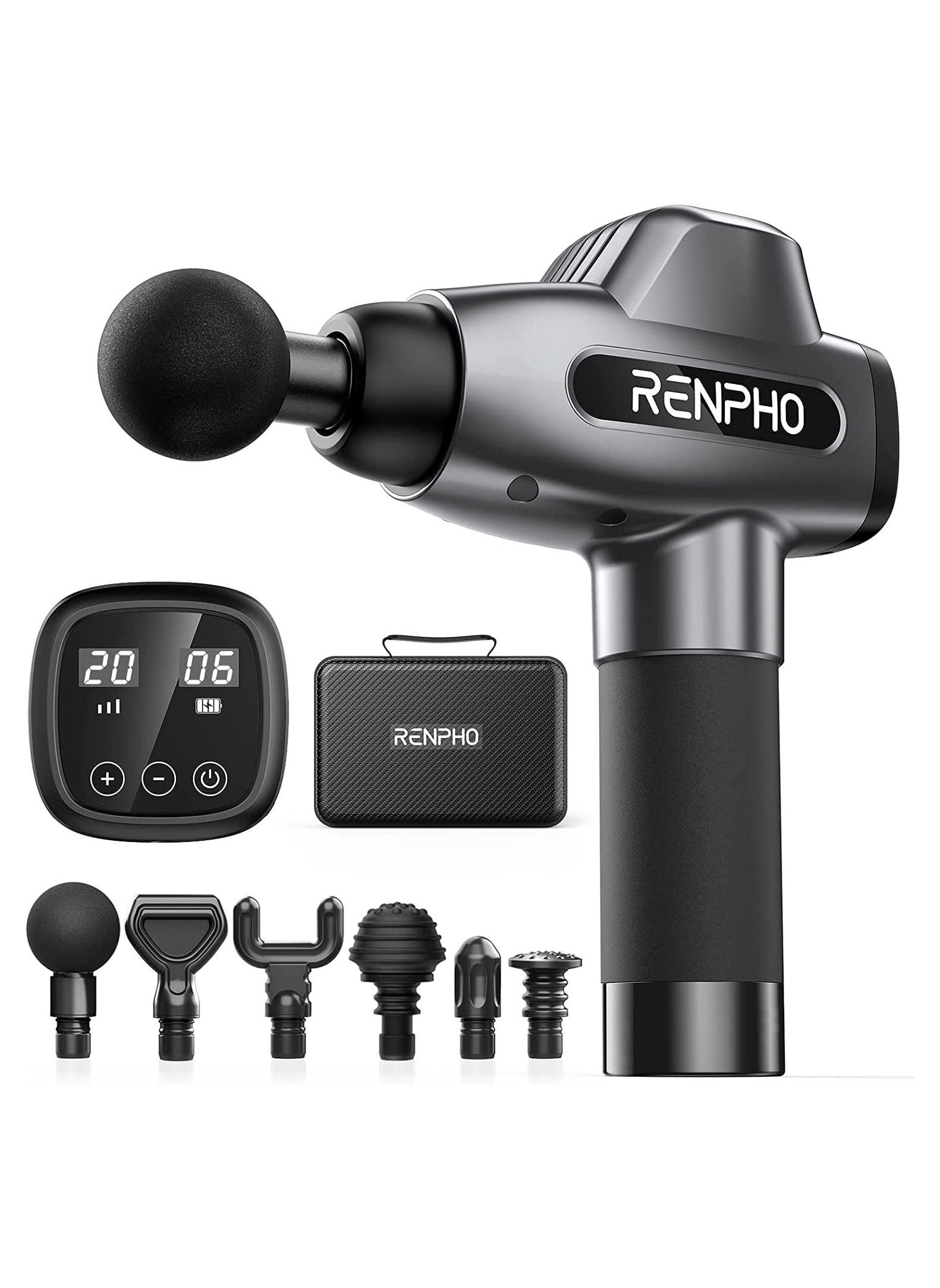 RENPHO Percussion Massage Gun, Professional Powerful Quiet Deep Tissue Massager, 20 Speeds, Electric Massage Gun With Case, 6 Massage Heads 