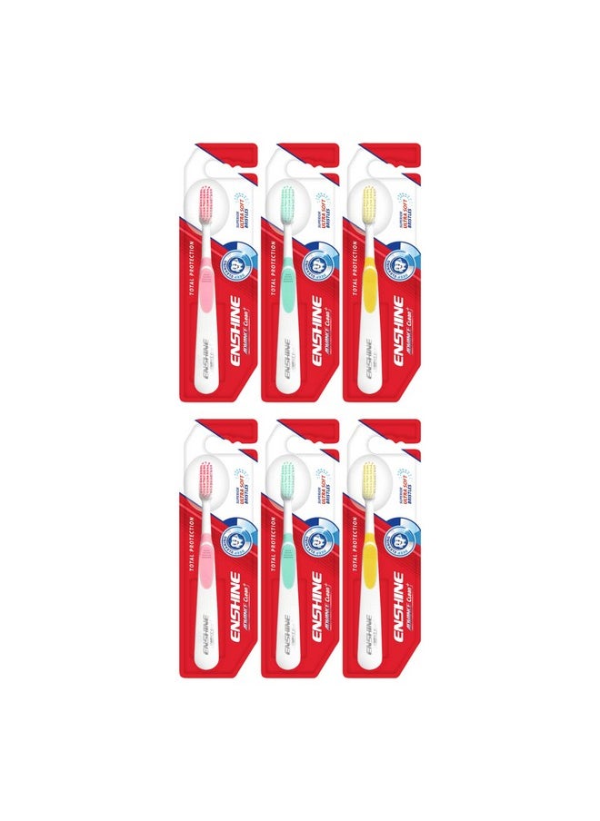 Enshine Advance Clean+ Toothbrush Pack Of 6 - With Ultra Soft Bristles| Compact Brush Head For Deep & Complete Cleansing, Effective Tongue Cleaner For Complete Oral Care Multicolor Adult Manual Brush  - Image 1