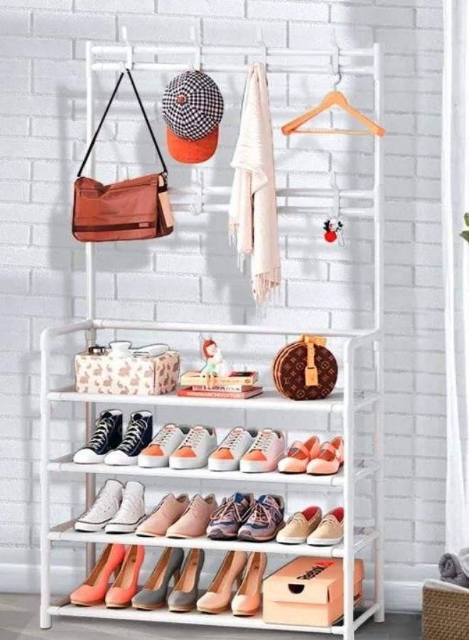 RACK STORE Multifunctional Entryway Coat And Shoe Rack 4 Tier Hallway Bench Storage Organizer with 8 Hooks For Living Room White Color - Image 1