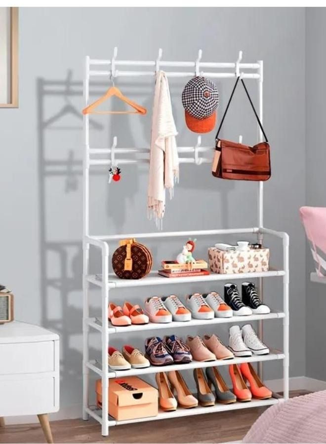 RACK STORE Multifunctional Entryway Coat And Shoe Rack 4 Tier Hallway Bench Storage Organizer with 8 Hooks For Living Room White Color - Image 2