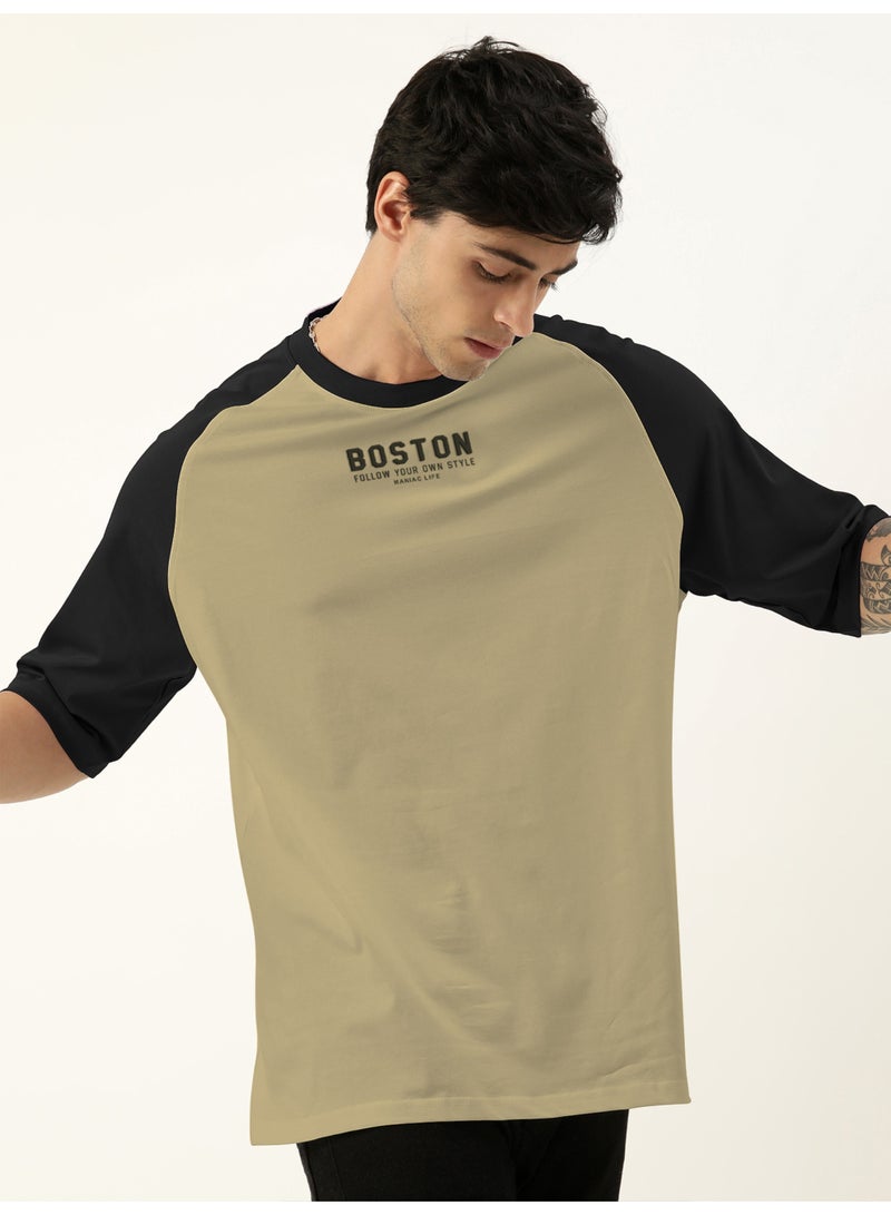 Maniac Maniac Mens Printed Round Neck raglan Half Sleeve Pista and Black Cotton Oversized Tshirt  - Image 3