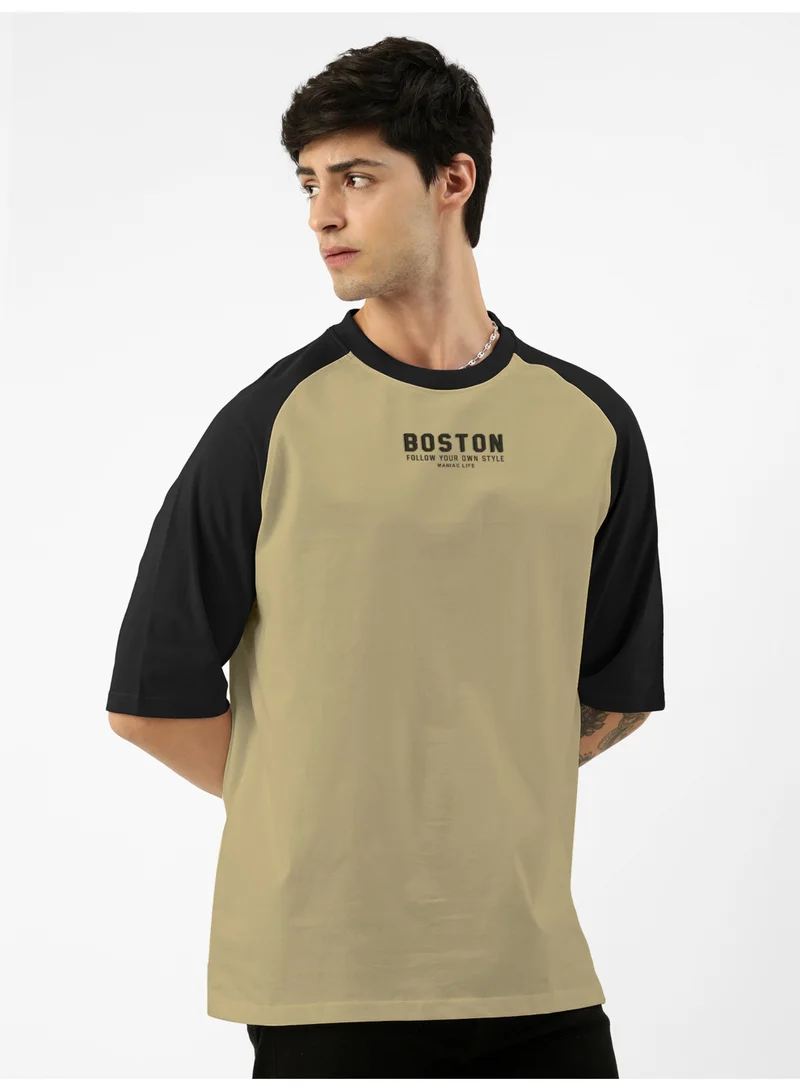 Maniac Maniac Mens Printed Round Neck raglan Half Sleeve Pista and Black Cotton Oversized Tshirt