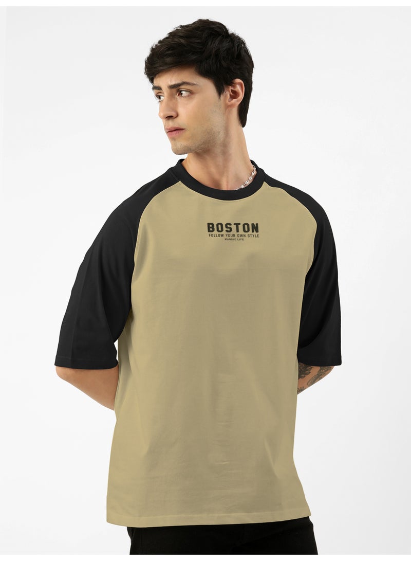 Maniac Maniac Mens Printed Round Neck raglan Half Sleeve Pista and Black Cotton Oversized Tshirt  - Image 2
