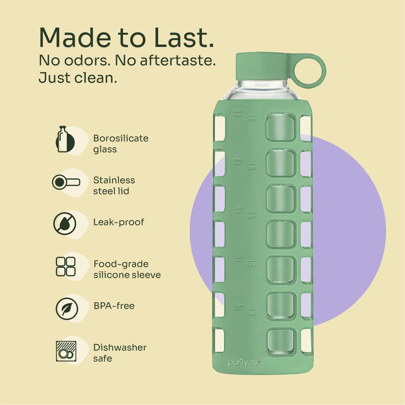 purifyou 40oz / 32oz / 22oz / 12oz Borosilicate Glass Water Bottle with Time & Volume Markers, Silicone Sleeve, Stainless Steel Lid | Reusable Glass Bottle for Water & Juice (32oz Shale Green) - Image 4