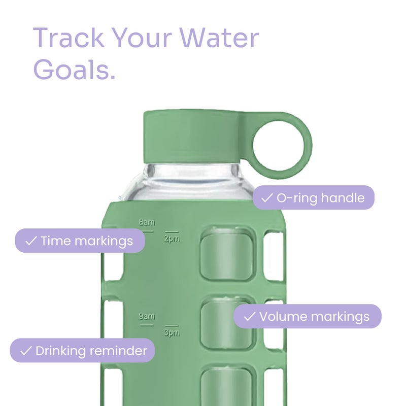 purifyou 40oz / 32oz / 22oz / 12oz Borosilicate Glass Water Bottle with Time & Volume Markers, Silicone Sleeve, Stainless Steel Lid | Reusable Glass Bottle for Water & Juice (32oz Shale Green) - Image 3