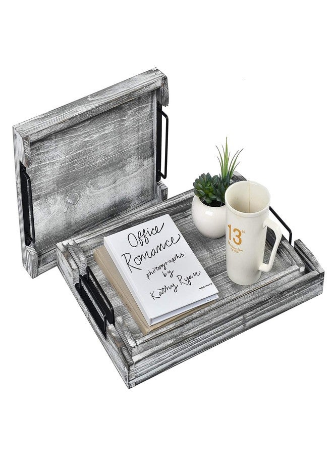 VERGOODR Country Rustic Torched Wood Nesting Breakfast Serving Trays with Handles, Set of 3 (White Grayish) - Image 3
