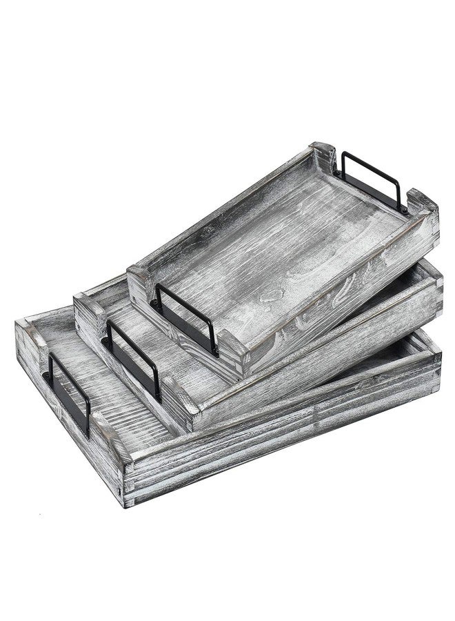 VERGOODR Country Rustic Torched Wood Nesting Breakfast Serving Trays with Handles, Set of 3 (White Grayish) - Image 1