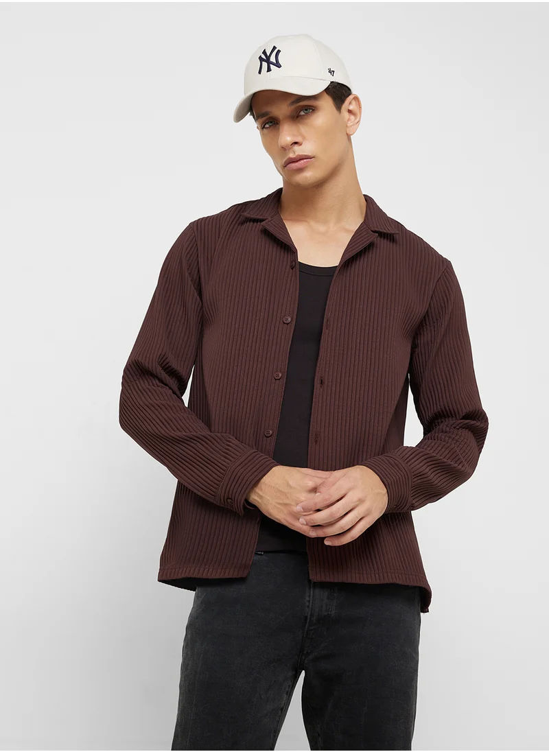 TOPMAN Long Sleeve Regular Fit Revere Plisse Shirt