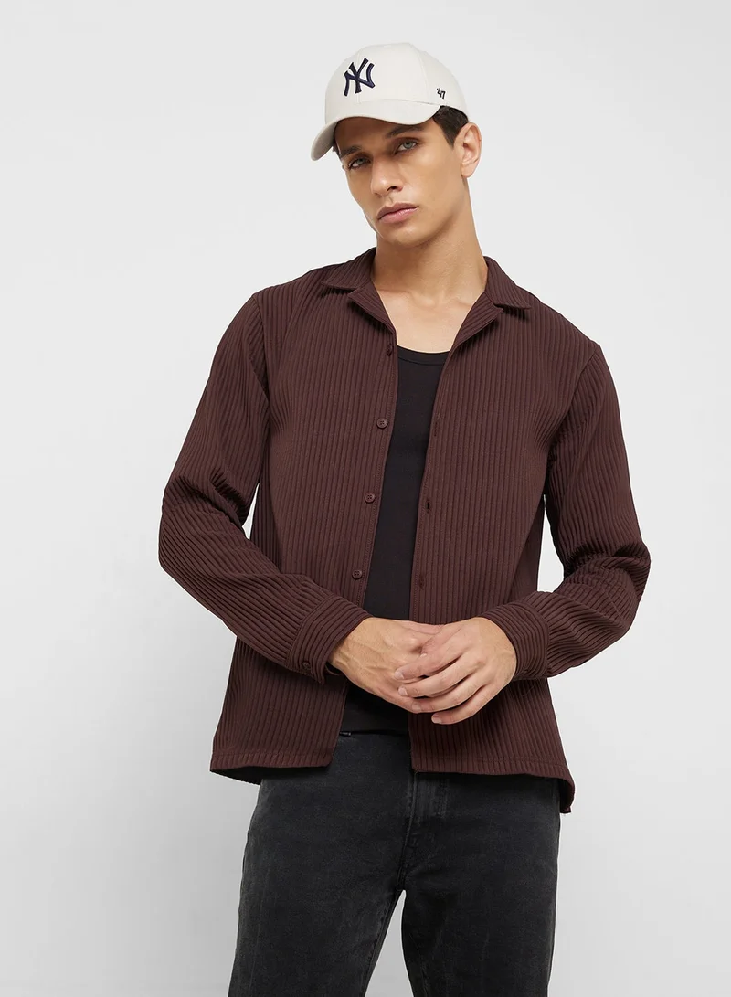 TOPMAN Topman long sleeve regular fit revere plisse shirt