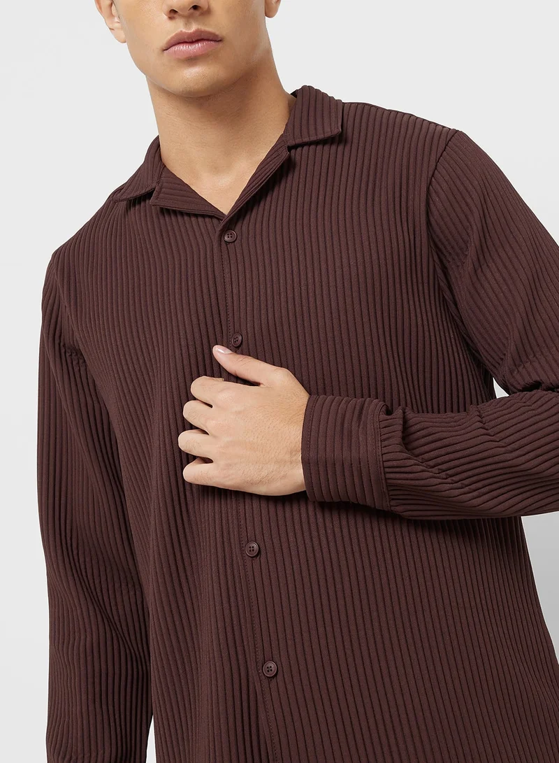 TOPMAN Topman long sleeve regular fit revere plisse shirt