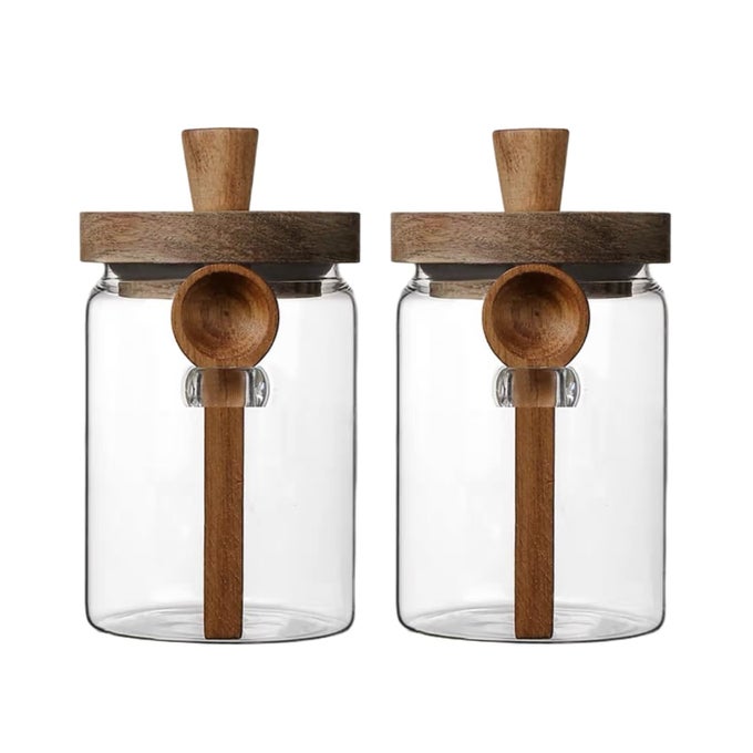 SET OF 2 GLASS FOOD STORAGE JARS WITH BAMBOO WOOD LID AND SPOON 27OZ GLASS KITCHEN CANISTERS FOR COFFEE TEA CEREAL SPICE AND CANNING MASON JARS 27OZ2PACK