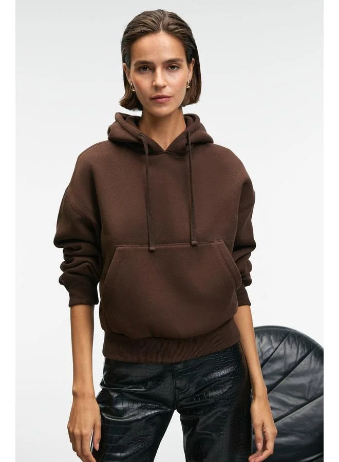 Grimelange SELENE Women's Hooded Kangaroo Pocket Regular Fit Brown Sweatshirt.