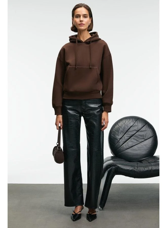 Grimelange SELENE Women's Hooded Kangaroo Pocket Regular Fit Brown Sweatshirt.