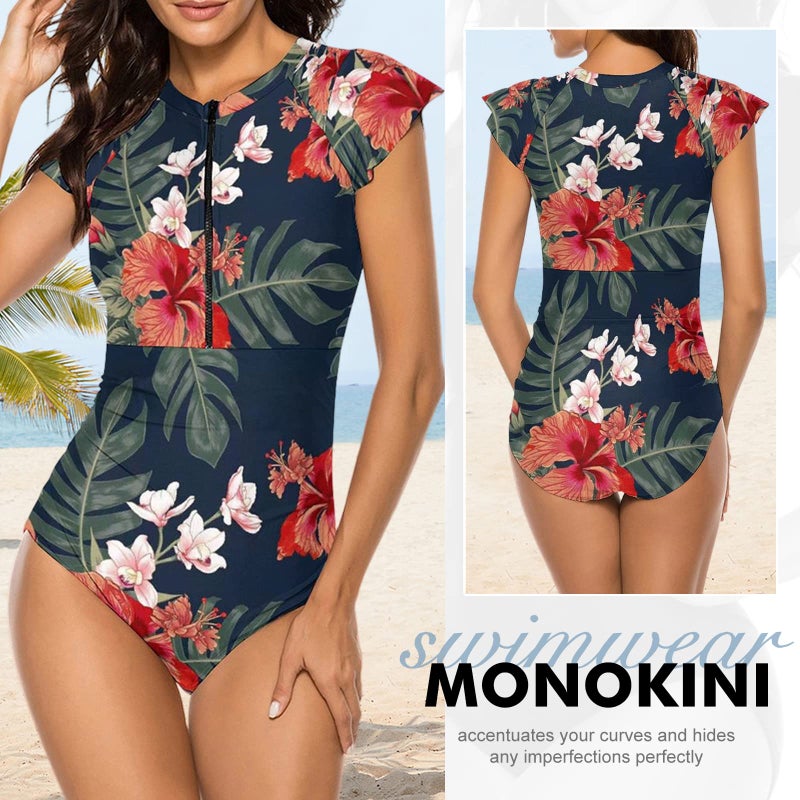 Wolddress Womens Zip Front One Piece Rashguard Surfing Sport Swimsuit Swimwear Flowers Navy M - Image 4