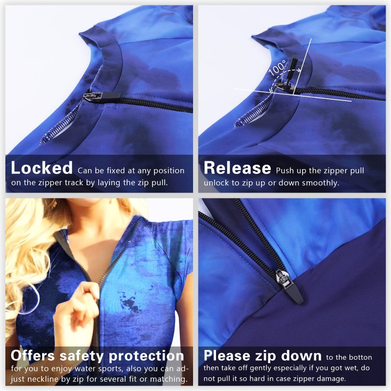 Wolddress Womens Zip Front One Piece Rashguard Surfing Sport Swimsuit Swimwear Flowers Navy M - Image 3