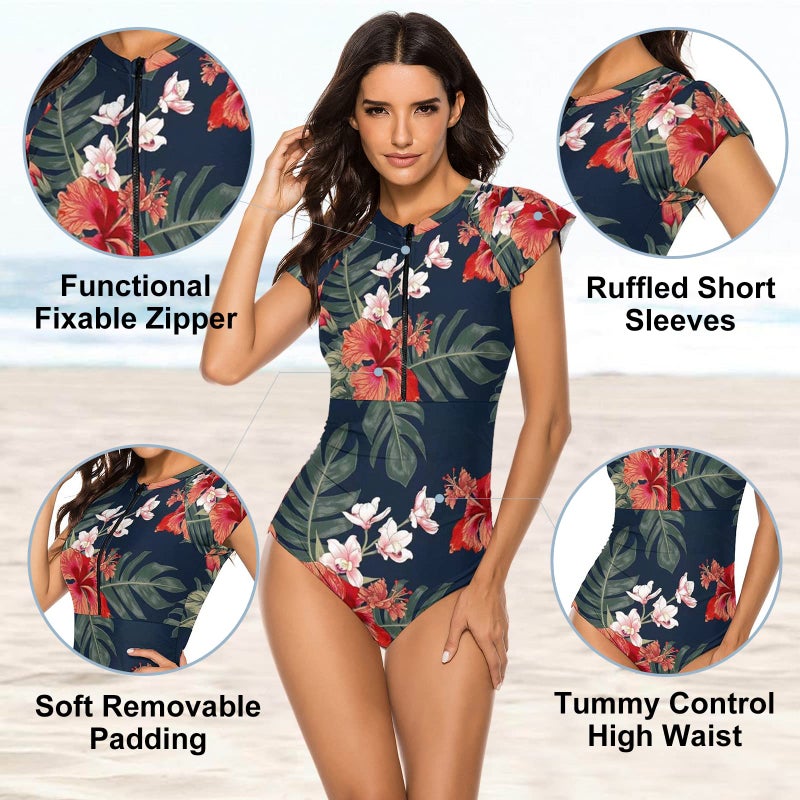 Wolddress Womens Zip Front One Piece Rashguard Surfing Sport Swimsuit Swimwear Flowers Navy M - Image 2