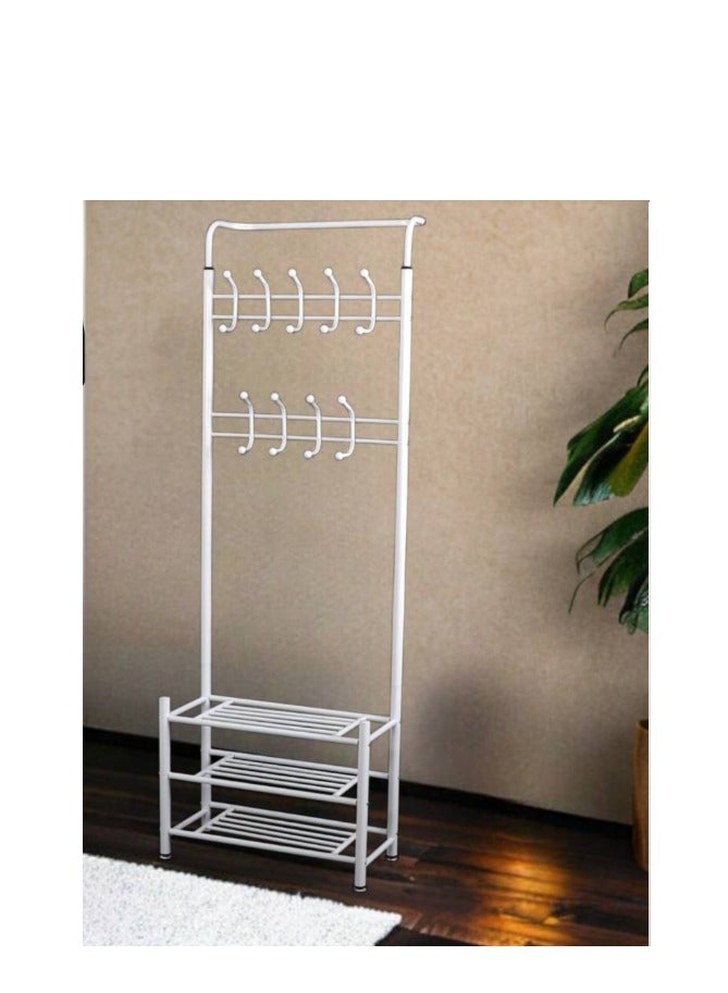 ather Multi-purpose iron rack with shelves suitable for various interior spaces. It is equipped with upper hangers for hanging coats, shawls or hats, in addition to shelves for storing shoes. - Image 1