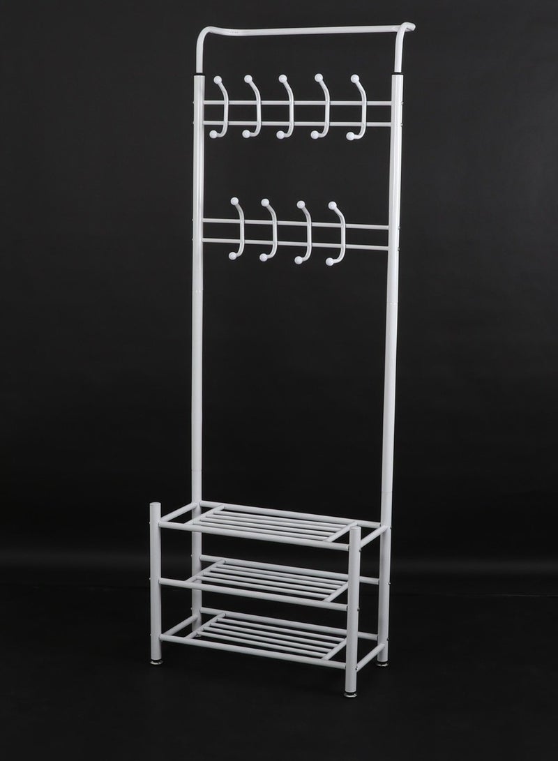 ather Multi-purpose iron rack with shelves suitable for various interior spaces. It is equipped with upper hangers for hanging coats, shawls or hats, in addition to shelves for storing shoes. - Image 2